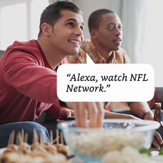 Two men using Alexa voice capabilities saying “Alexa, watch the NFL network.”