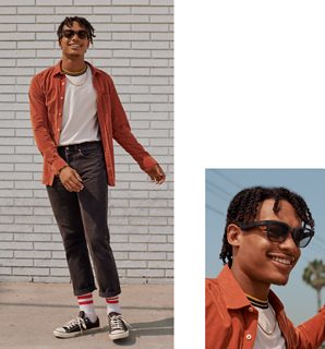 2 views of a man wearing Bose Frames Alto