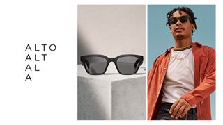 Bose Frames Alto on display and a man wearing Bose Frames Alto