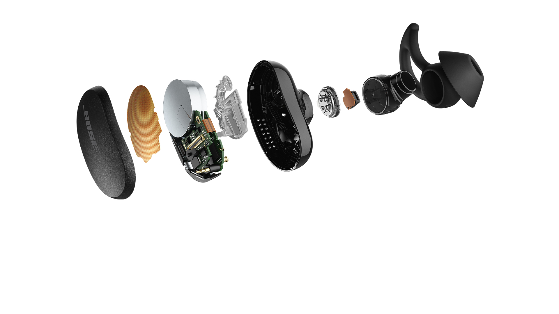Exploded view showing the parts of a QuietComfort Earbud