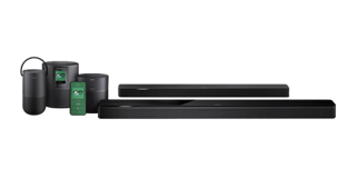A smartphone shown with the Bose Portable Home Speaker, Bose Home Speaker 500, Bose Home Speaker 300, Bose Soundbar 500 and Bose Soundbar 700