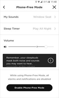 Smartphone screen displaying Phone-Free Mode options: sounds, timer, volume