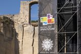 Sign reading "Matera 2019 OPEN FUTURE" at the Cava del Sole