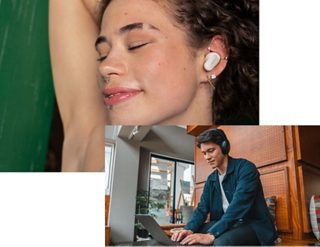 En kvinde med Bose QuietComfort øretelefoner II og en mand med QuietComfort 45 hovedtelefoner på, mens han arbejder