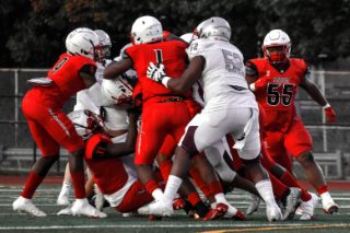 An American football team with red uniforms