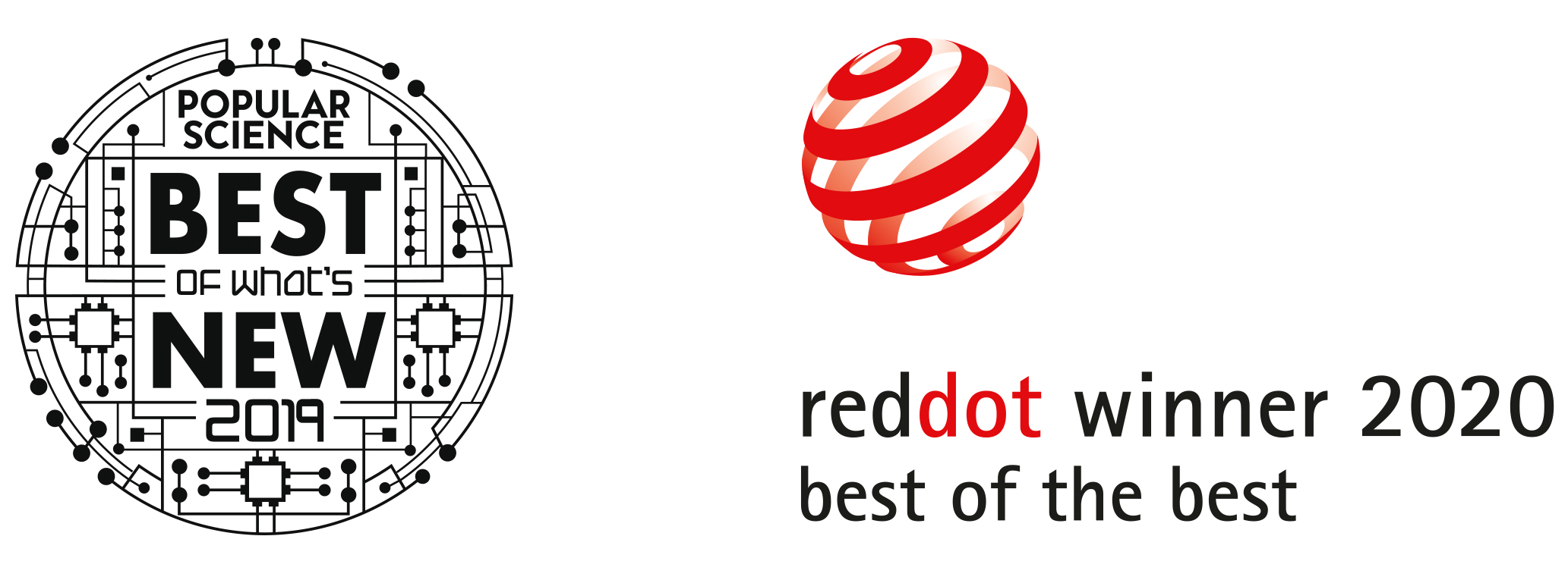 Logotipo de Best of What’s New 2019 de Popular Science y logotipo de Best of the Best de Red Dot Winner 2020