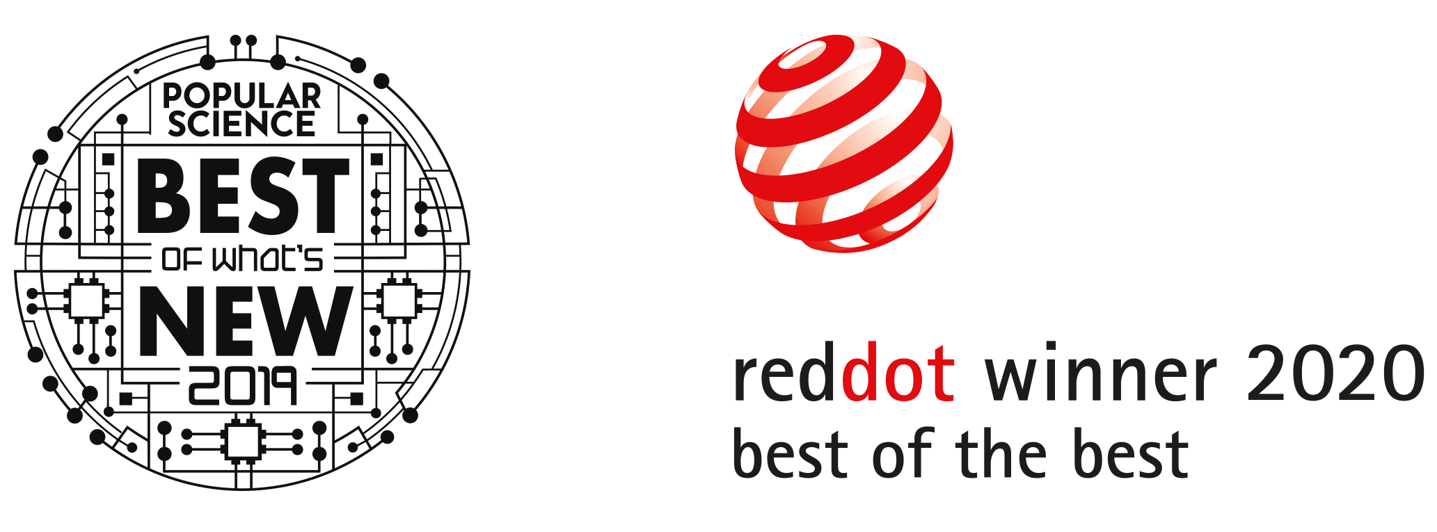 Popular Science Best of What’s New 2019 logo and the Red Dot winner 2020 Best of the Best logo