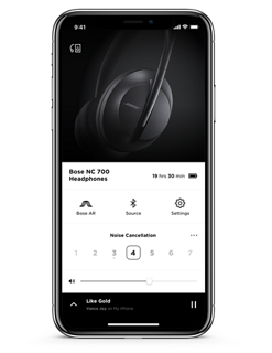 Smartfon wyświetlający poziomy redukcji hałasów w aplikacji Bose Music
