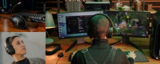 Collage of QuietComfort 35 II Gaming Headset, a woman wearing the gaming headset outside and a gamer wearing the headset while playing online