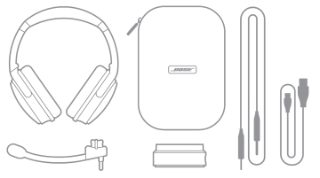 Headset, travel case, boom mic, desktop controller, Micro USB charging cable, aux cable