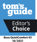 Bose QuietComfort® 45 無線消噪耳機的《Tom’s Guide》編輯精選獎徽章，2021 年 10 月