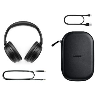 Bose QuietComfort 45 headphones, audio cable, USB-C changing cable, and carry case