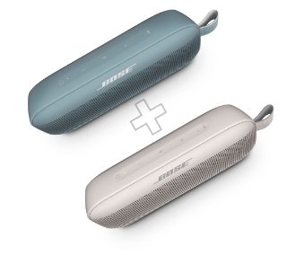 A Stone Blue and a White Smoke SoundLink Flex Bluetooth speaker with a plus sign between them