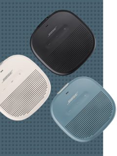 White Smoke, Black, and Stone Blue SoundLink Micro Bluetooth speakers