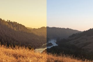 The effect of using Twilight Yellow lenses on the left and the naked eye on the right