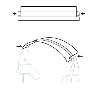 Showing the headband cushion under the headband with adhesive facing rear