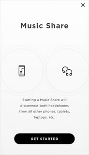 Music Share screen showing "GET STARTED" button.