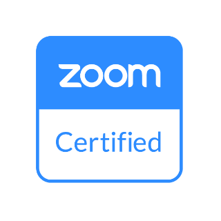 La insignia de certificación para Zoom Room indica que los dispositivos cumplen con altos estándares de rendimiento de audio y video.