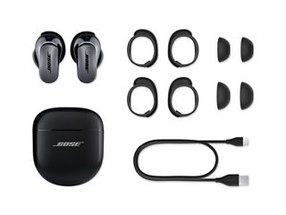 Bose QuietComfort Ultra Earbuds, three pairs of eartips (small, medium, large), three pairs of stability bands (small, medium, large), charging case and USB-C cable