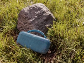 Bose SoundLink Max Portable Speaker on grass against a rock